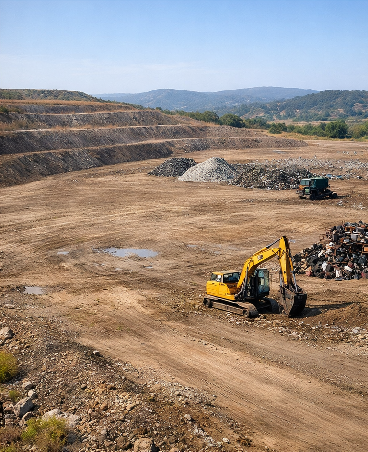 The same dump site after waste mining — cleared, reclaimed land with hills behind