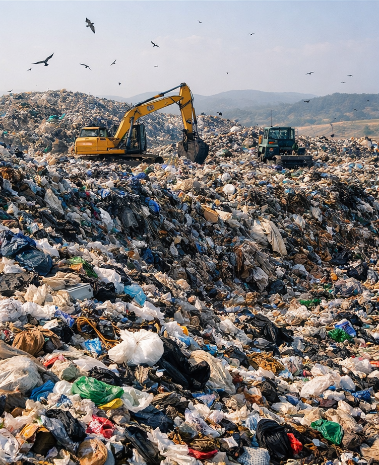 An overflowing open dump site, plastic and waste to the horizon