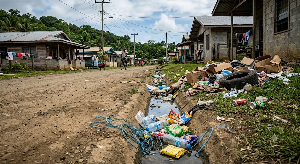 A village street with a drainage channel choked with plastic bottles, packets and tyres, residents walking past