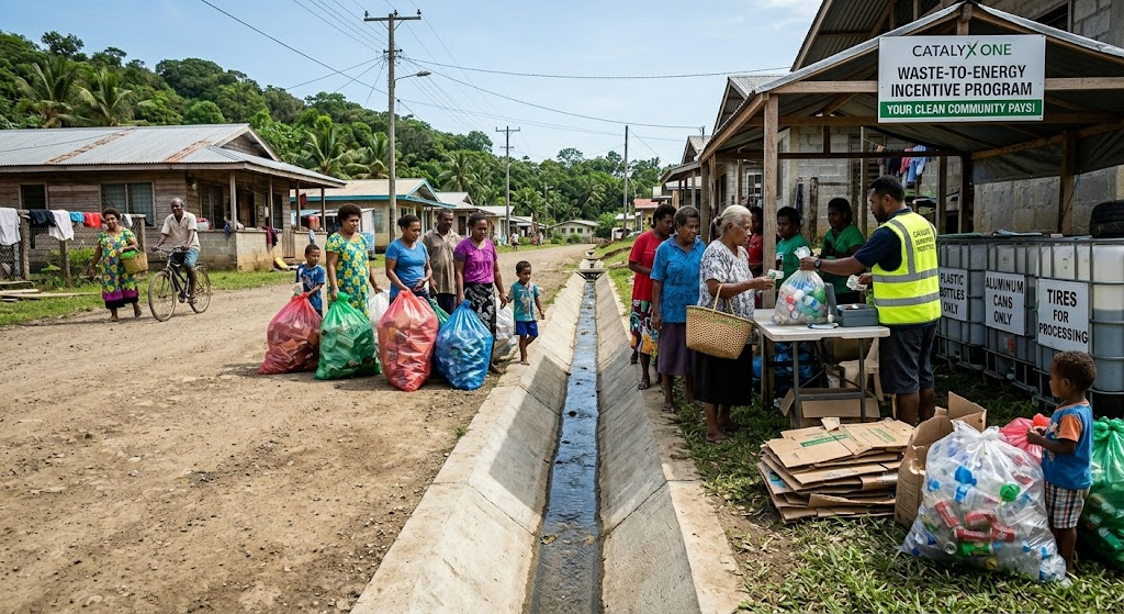 Villagers bringing bags of collected plastic to a Catalyx One waste-to-energy incentive program collection point beside a clean channel, being paid for what they bring