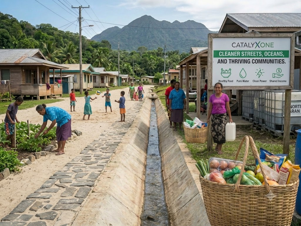 A thriving village with a clean waterway, community members going about daily life, fresh produce in baskets, and a Catalyx One facility integrated into the neighborhood